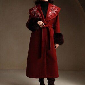 Burgundy Elegant Women's Embroidered Long Coat
